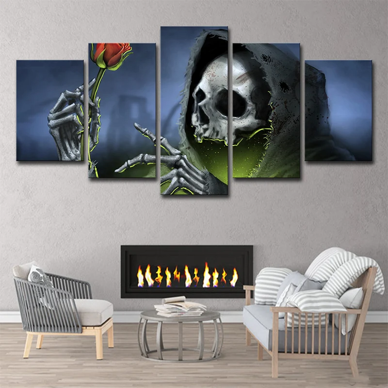 Grim Reaper met Rose Art Print moderne stijl meerdelige wanddecoratie blauw voor kamer