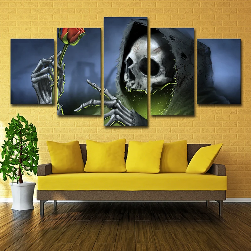 Grim Reaper met Rose Art Print moderne stijl meerdelige wanddecoratie blauw voor kamer