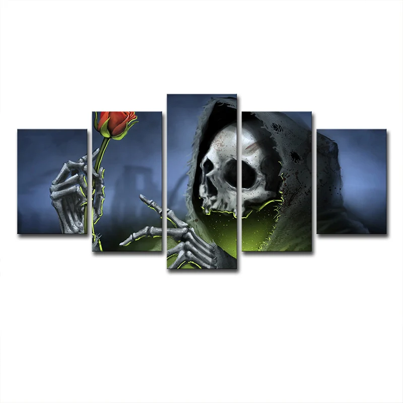 Grim Reaper met Rose Art Print moderne stijl meerdelige wanddecoratie blauw voor kamer