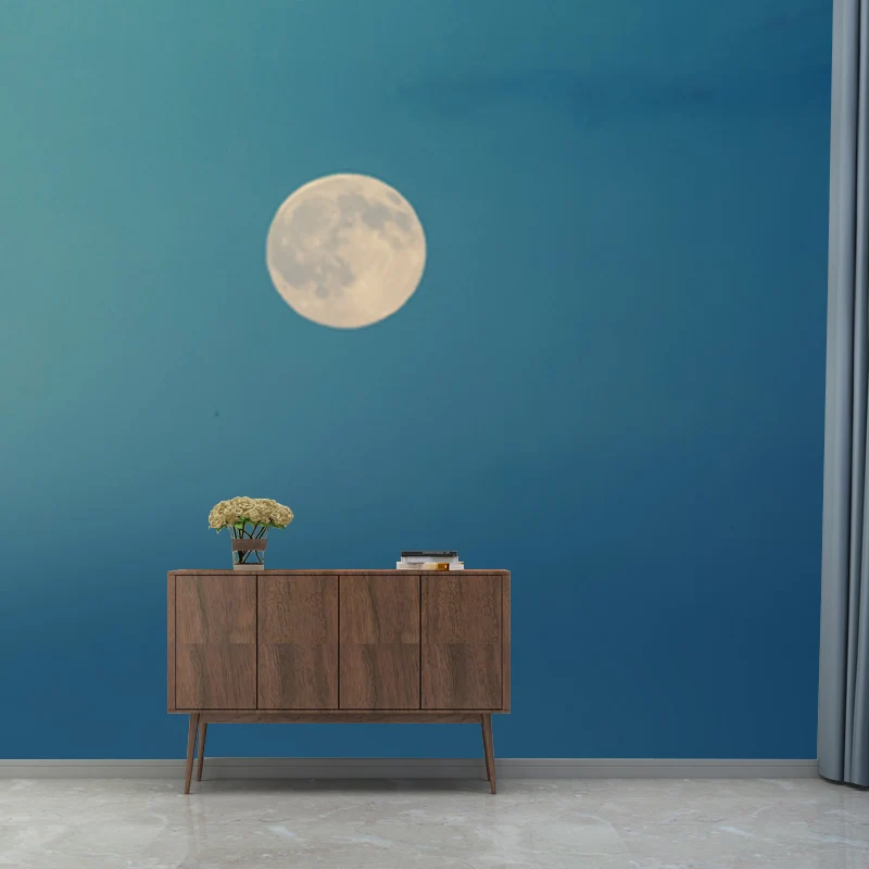Hele moderne muurschildering blauwe lucht en volle maan wandbekleding, gepersonaliseerd formaat beschikbaar