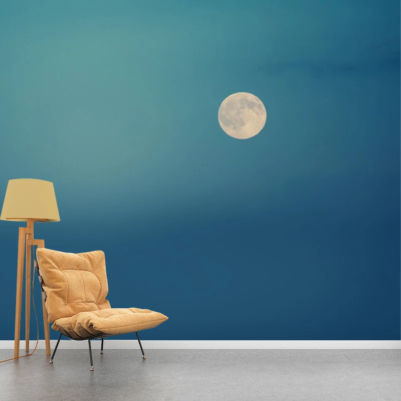 Hele moderne muurschildering blauwe lucht en volle maan wandbekleding, gepersonaliseerd formaat beschikbaar
