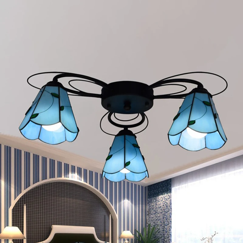 Kegel-gebrandschilderd glas, semi-inbouw, Mediterraans 3/7/9-kops geel/blauw plafondlamparmatuur