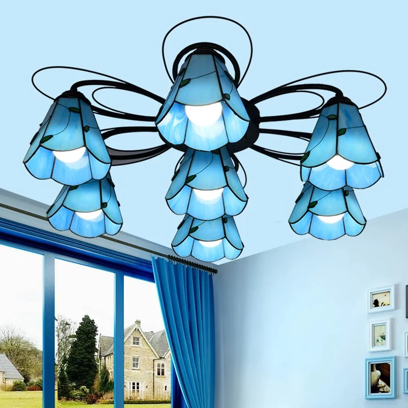 Kegel-gebrandschilderd glas, semi-inbouw, Mediterraans 3/7/9-kops geel/blauw plafondlamparmatuur