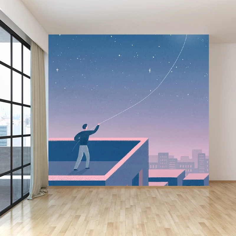 Maan en stadsgezicht muurschildering behang blauw hedendaagse wandbekleding voor woonkamer