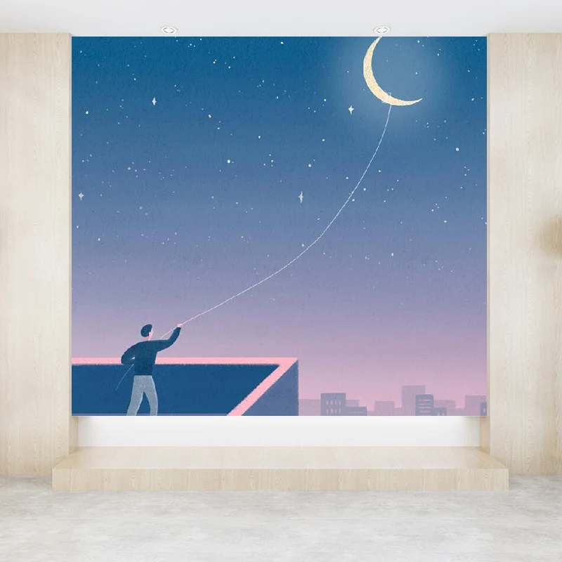 Maan en stadsgezicht muurschildering behang blauw hedendaagse wandbekleding voor woonkamer