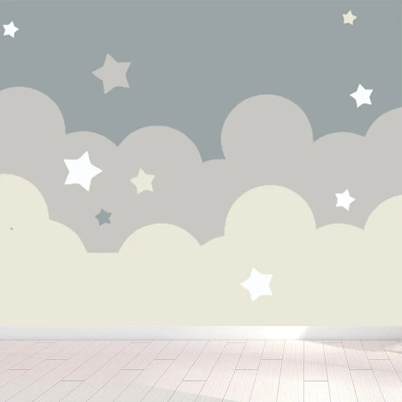 Natuurtint cartoonbehang muurschildering grote halve maan en sterrenhemel wandbekleding voor kamer