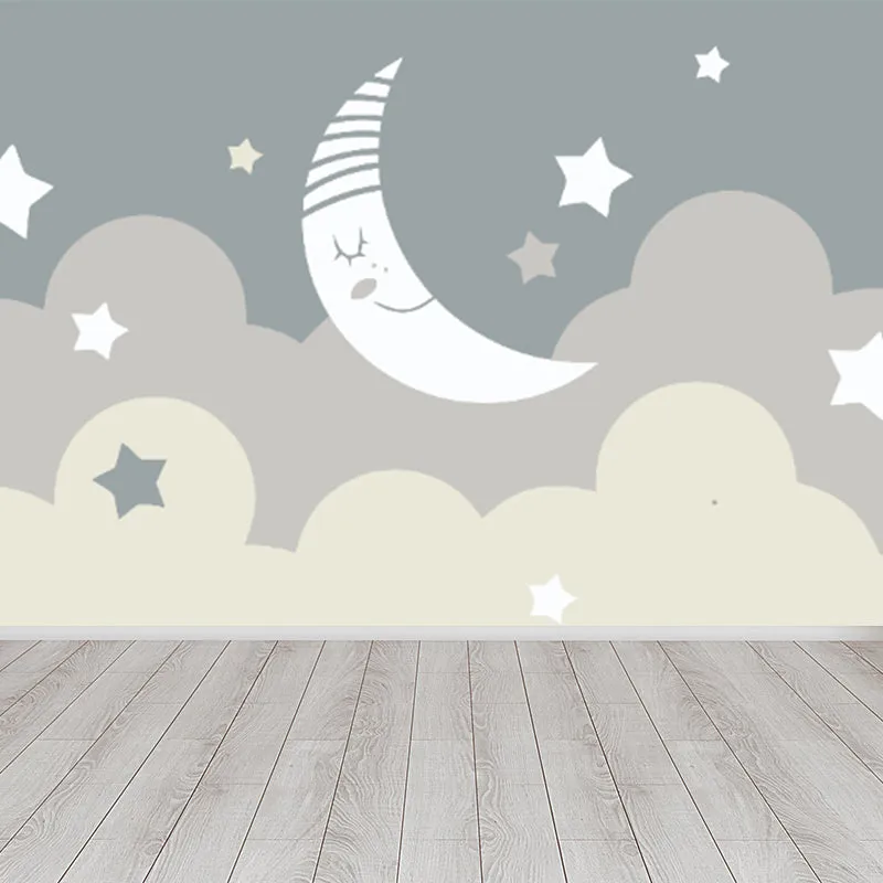 Natuurtint cartoonbehang muurschildering grote halve maan en sterrenhemel wandbekleding voor kamer