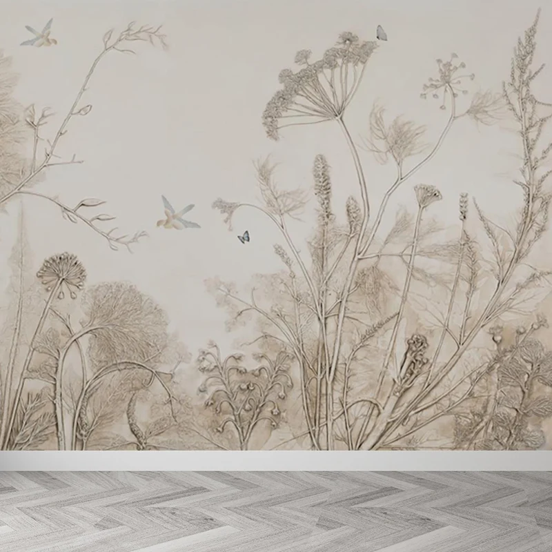 Potloodschets Botanisch Muurschilderingbehang Moderne gladde wandbekleding grijs voor kamer
