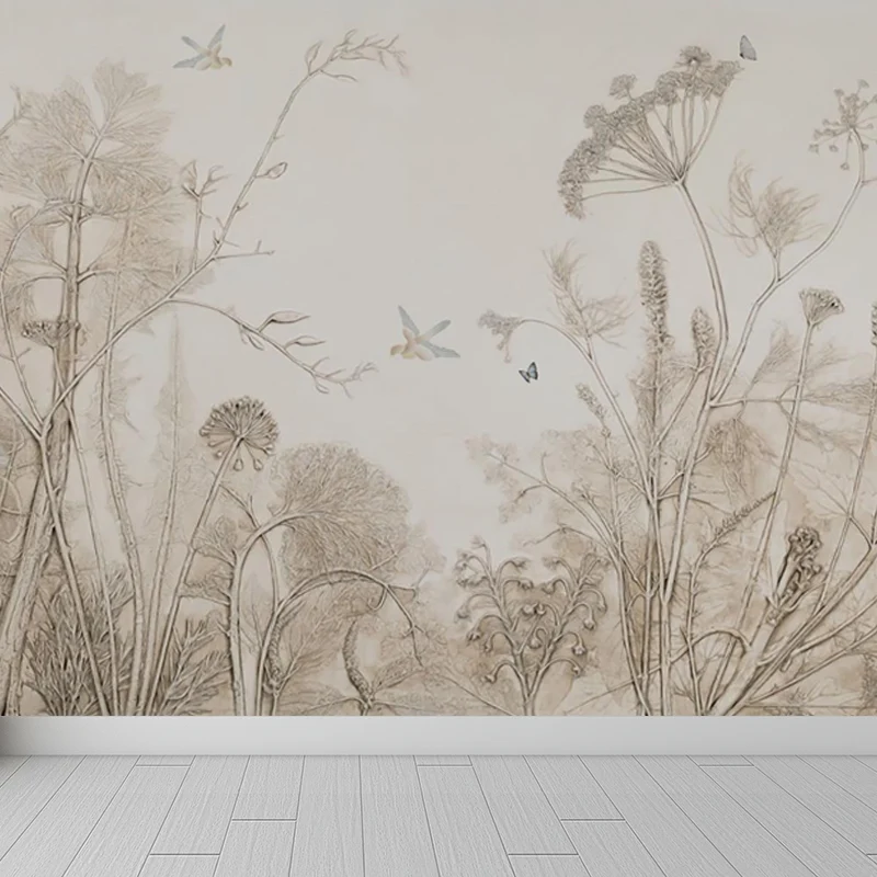 Potloodschets Botanisch Muurschilderingbehang Moderne gladde wandbekleding grijs voor kamer