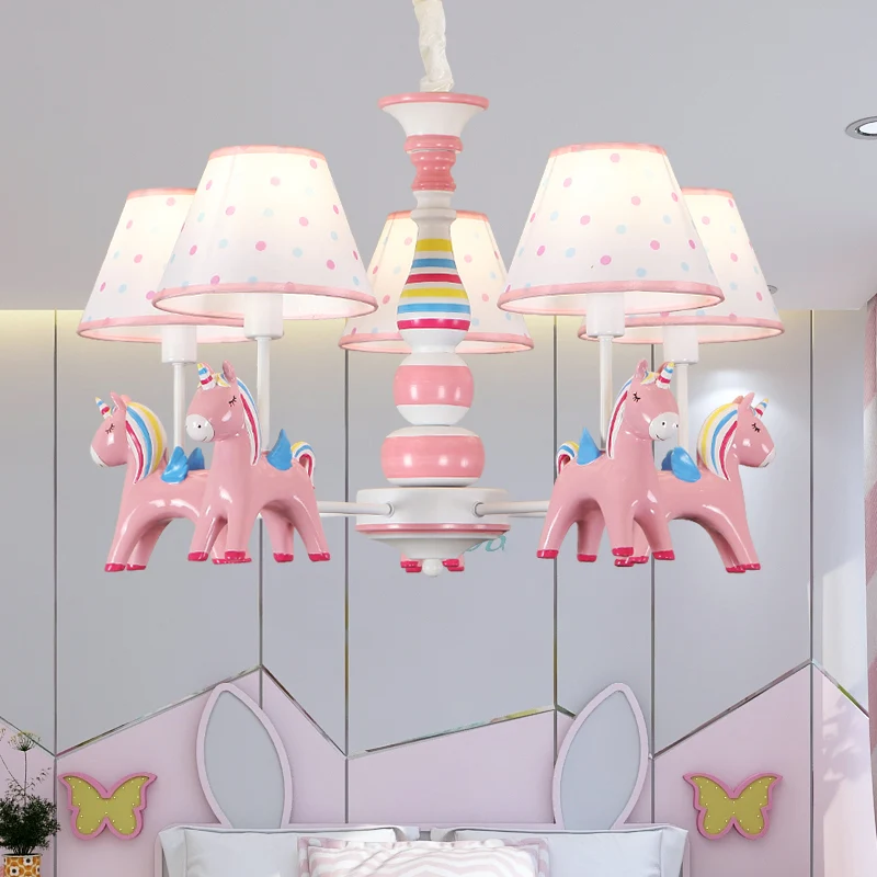 Resin Prisma Unicorn Chandelier Light Cartoon Pink Ceiling Pendant Tapered Fabric Shade Nursery Pink