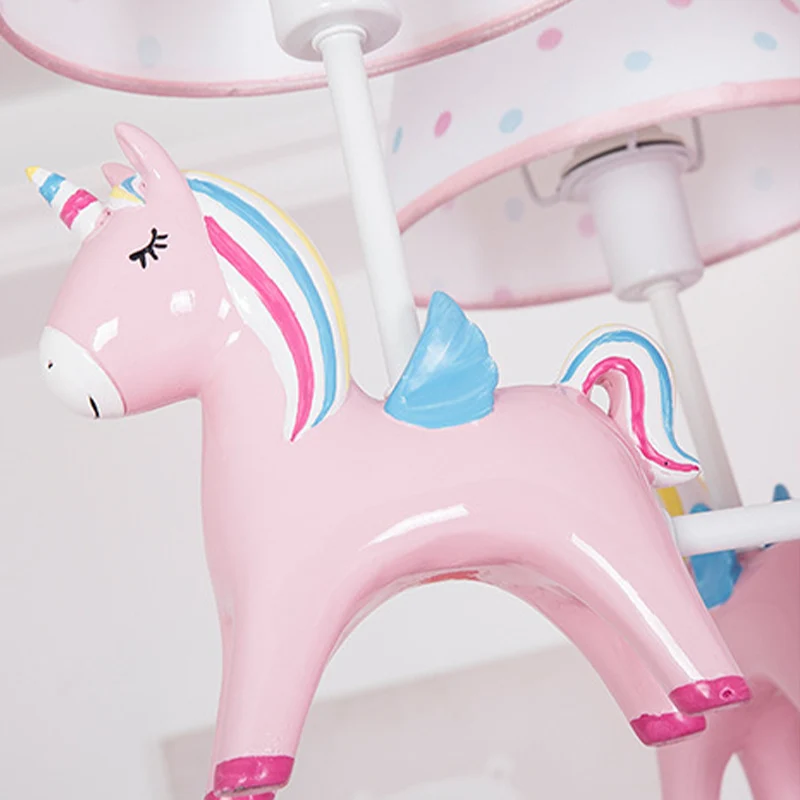 Resin Prisma Unicorn Chandelier Light Cartoon Pink Ceiling Pendant Tapered Fabric Shade Nursery Pink