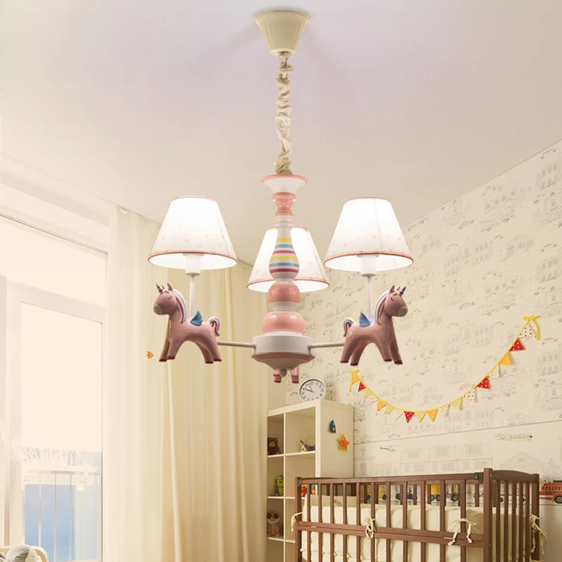 Resin Prisma Unicorn Chandelier Light Cartoon Pink Ceiling Pendant Tapered Fabric Shade Nursery Pink