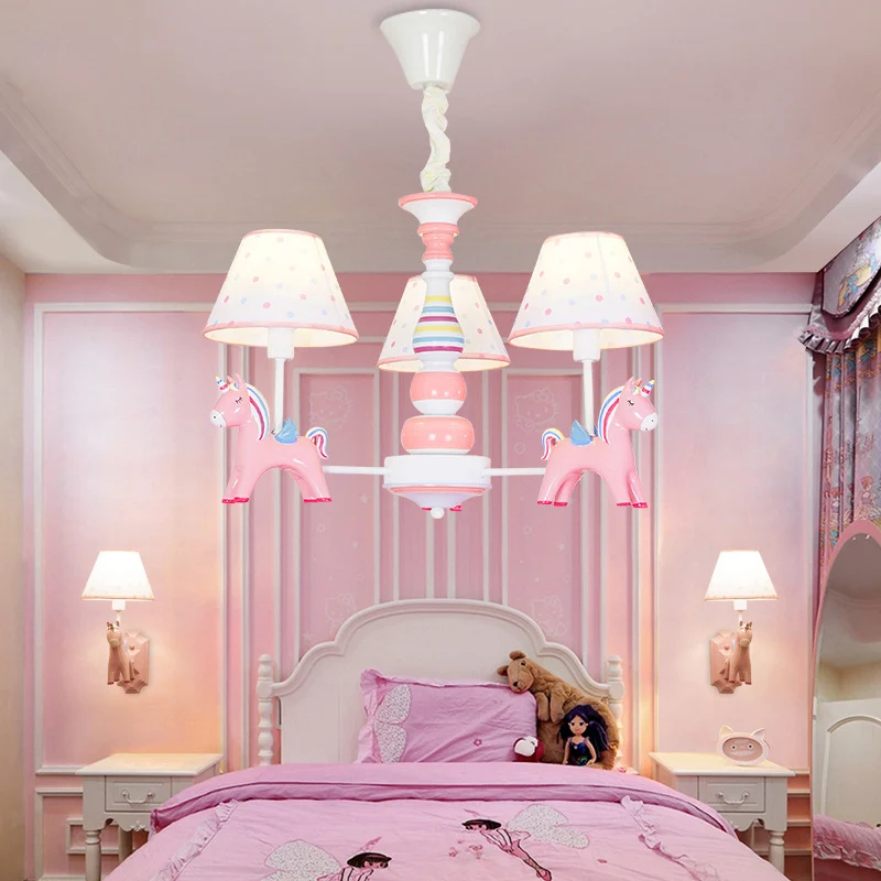 Resin Regenboog Unicorn Chandelier Light Cartoon Pink Ceiling Pendant Tapered Fabric Shade Nursery Pink