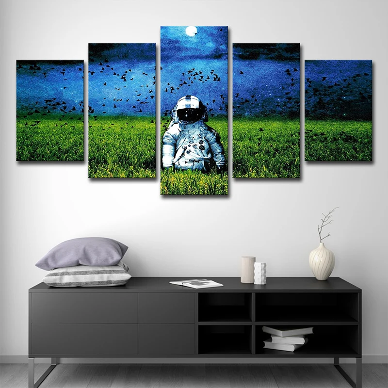 Sci-Fi Spaceman canvasdoek kunst groene en blauwe maan nachtlandschap wanddecoratie, meerdelig