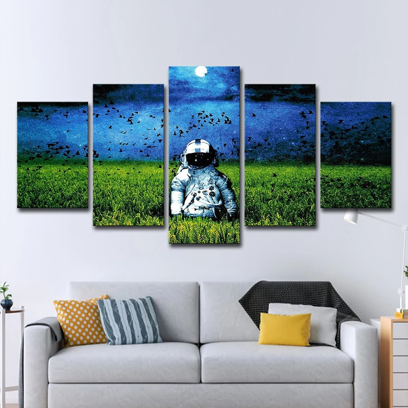 Sci-Fi Spaceman canvasdoek kunst groene en blauwe maan nachtlandschap wanddecoratie, meerdelig