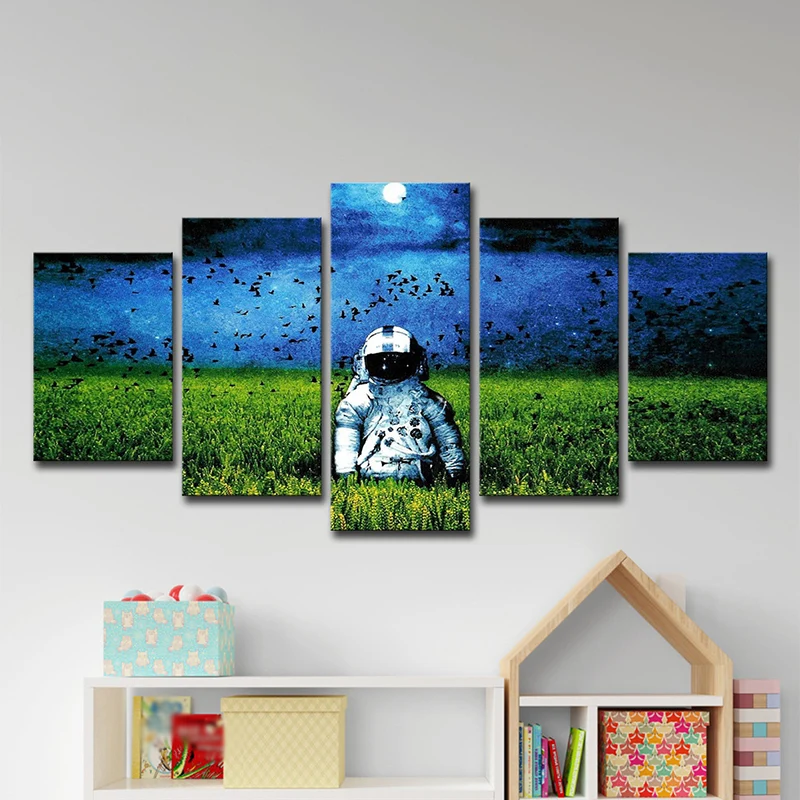 Sci-Fi Spaceman canvasdoek kunst groene en blauwe maan nachtlandschap wanddecoratie, meerdelig