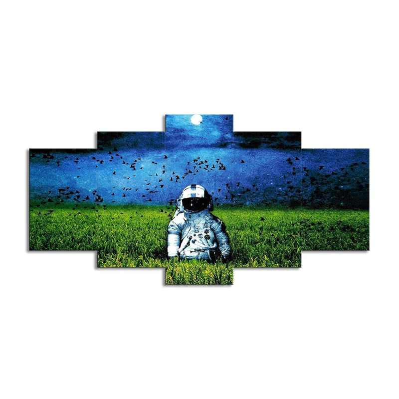 Sci-Fi Spaceman stevig doek kunst groene en blauwe maan nachtlandschap wanddecoratie, meerdelig