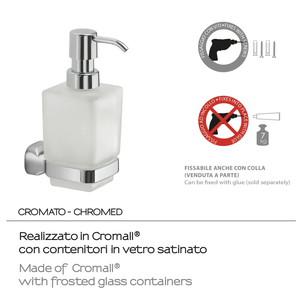 Wall soap dispenser Stainless Steel and Satijnstof Glass Gedy Stelvio series - Chrome