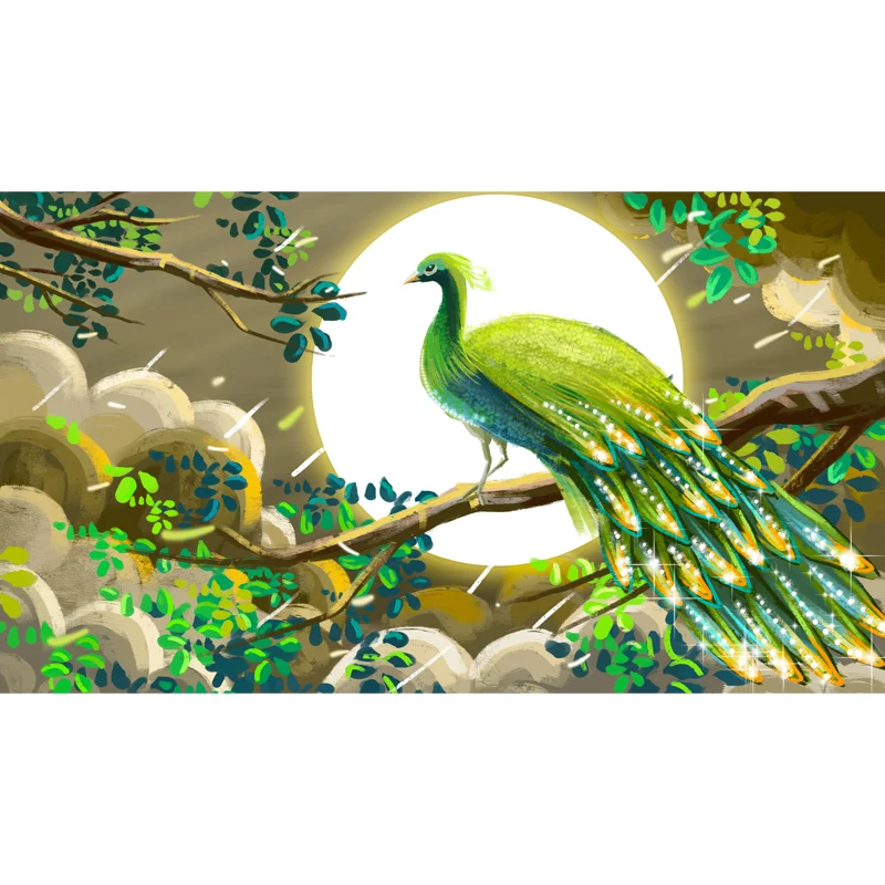 Whole Chinoiserie Wall Mural Decal Appelgroen Peacock and Super Moon Wall Covering, Custom Made Peacock