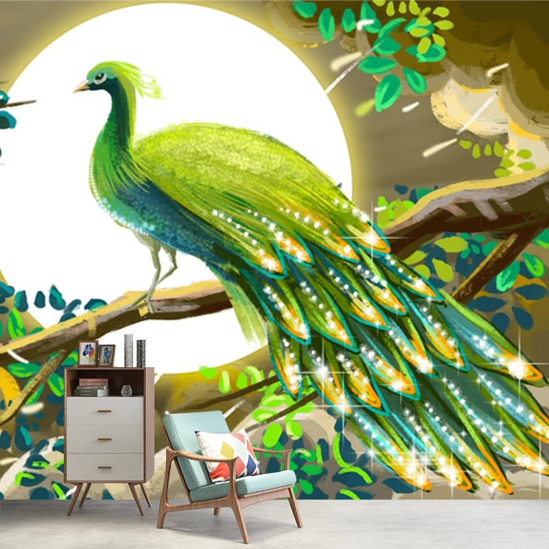 Whole Chinoiserie Wall Mural Decal Appelgroen Peacock and Super Moon Wall Covering, Custom Made Peacock