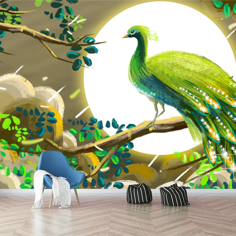 Whole Chinoiserie Wall Mural Decal Appelgroen Peacock and Super Moon Wall Covering, Custom Made Peacock