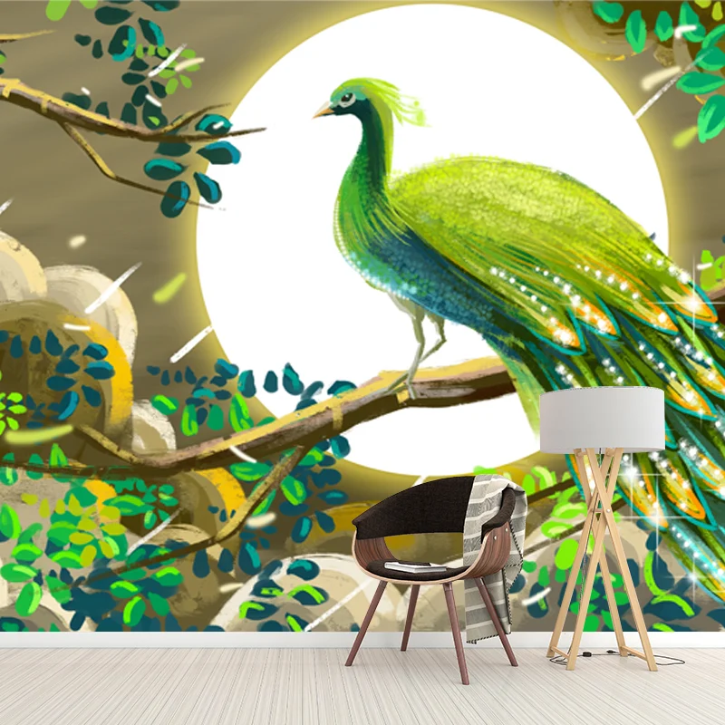 Whole Chinoiserie Wall Mural Decal Appelgroen Peacock and Super Moon Wall Covering, Custom Made Peacock