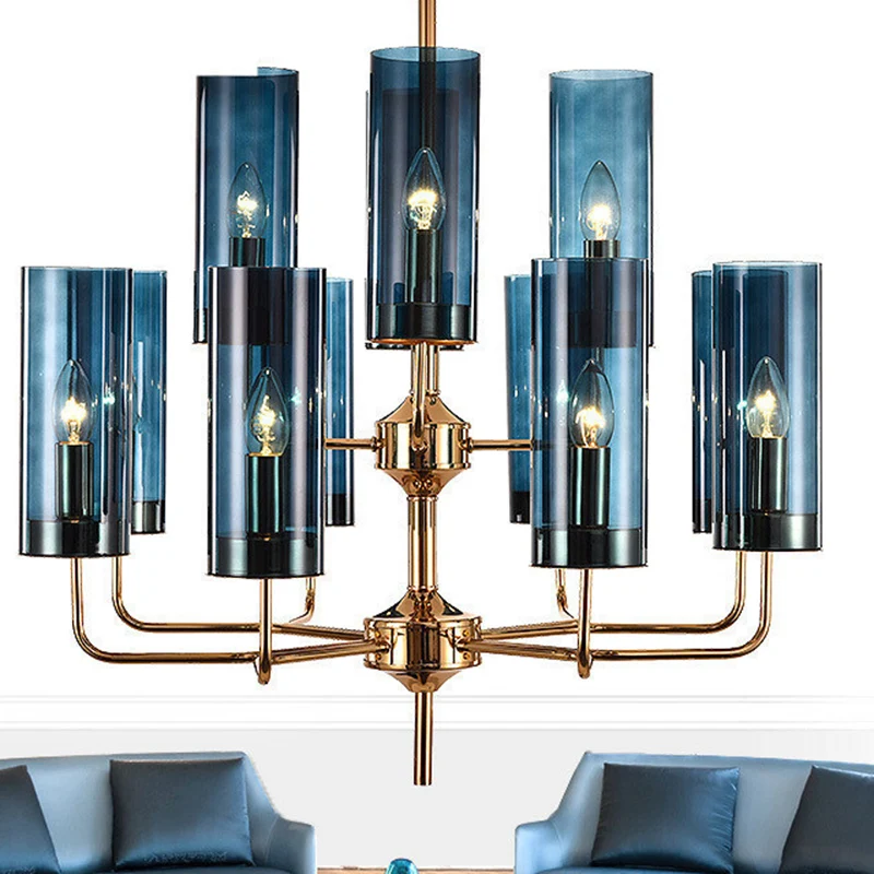 Cylinder Hanging Lamp Kit Postmodern Blue/Cognac Glazen 12 Heads Dining Room Chandelier Lighting met Lange Brandtijd Blue