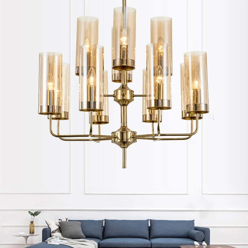 Cylinder Hanging Lamp Kit Postmodern Blue/Cognac Glazen 12 Heads Dining Room Chandelier Lighting met Lange Brandtijd Blue