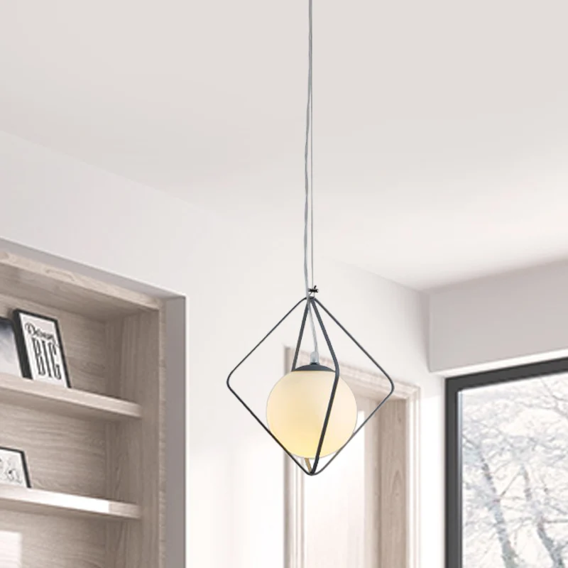 Green/Grey Rhombus Cage Pendant Light Minimalist 1 Head Ijzer Hanging Lamp Kit Ball Milk Glass Shade Inside Green