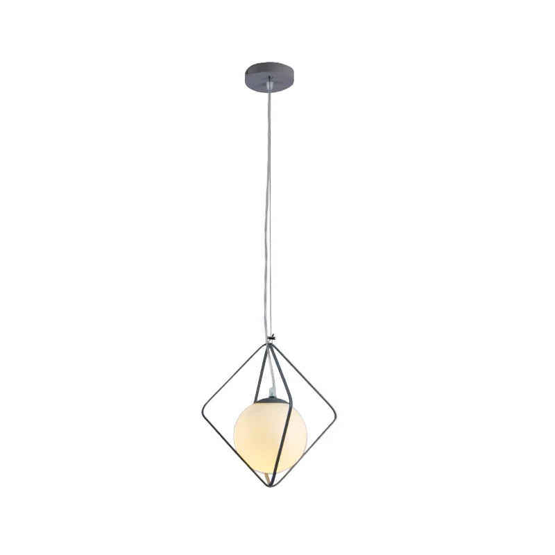 Green/Grey Rhombus Cage Pendant Light Minimalist 1 Head Ijzer Hanging Lamp Kit Ball Milk Glass Shade Inside Green