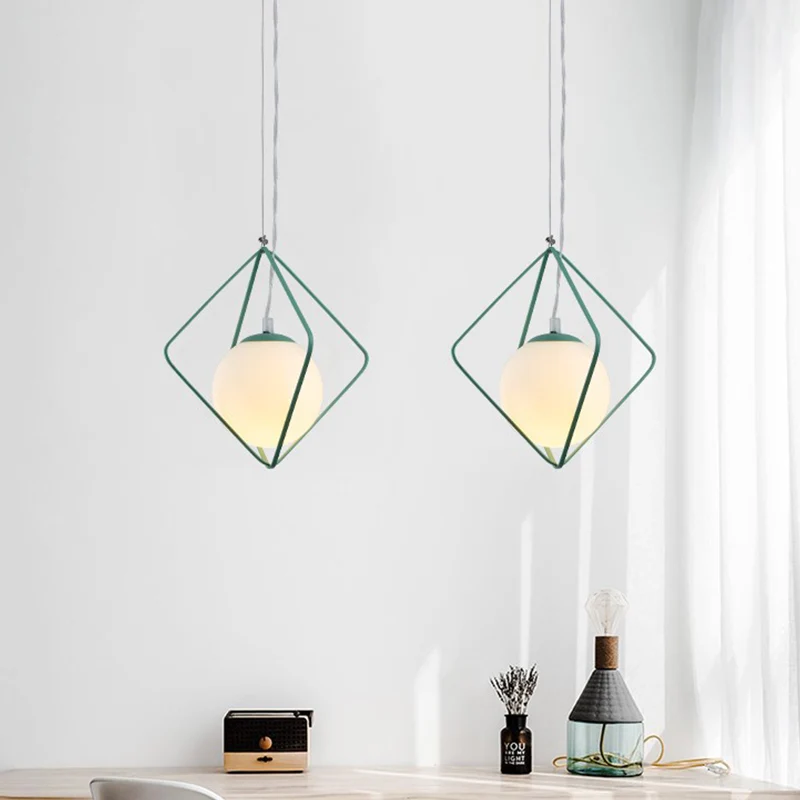 Green/Grey Rhombus Cage Pendant Light Minimalist 1 Head Ijzer Hanging Lamp Kit Ball Milk Glass Shade Inside Green