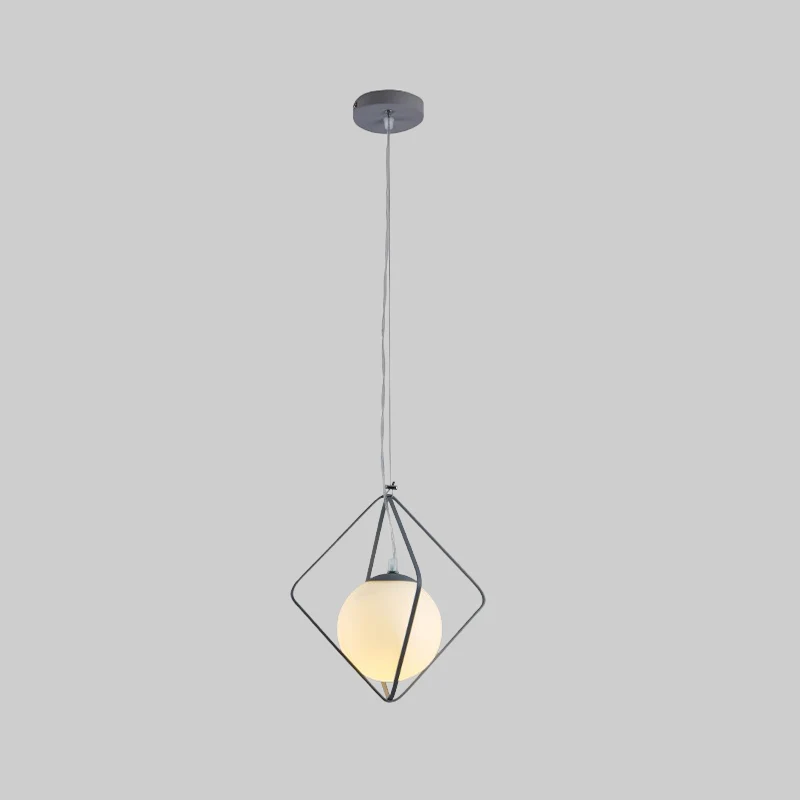 Green/Grey Rhombus Cage Pendant Light Minimalist 1 Head Ijzer Hanging Lamp Kit Ball Milk Glass Shade Inside Green
