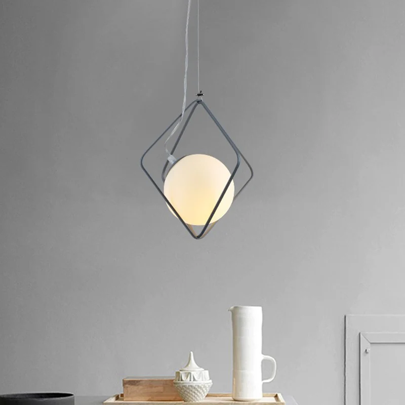 Green/Grey Rhombus Cage Pendant Light Minimalist 1 Head Ijzer Hanging Lamp Kit Ball Milk Glass Shade Inside Green