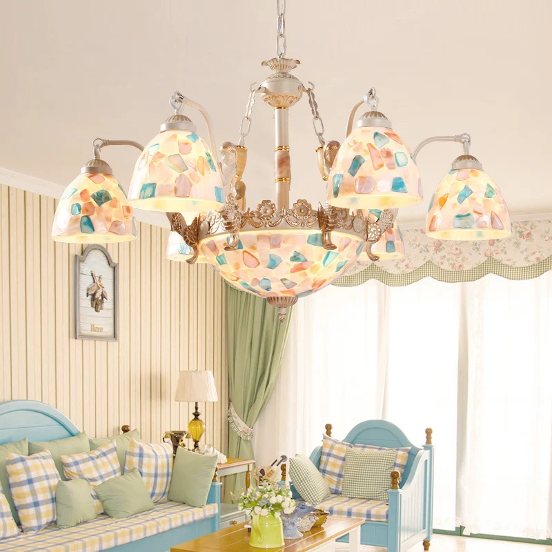 Mosaic Hanging Chandelier Baroque Style Shell 5/9/11 Lights Ivoor Pendant Light Kit Kitchen White