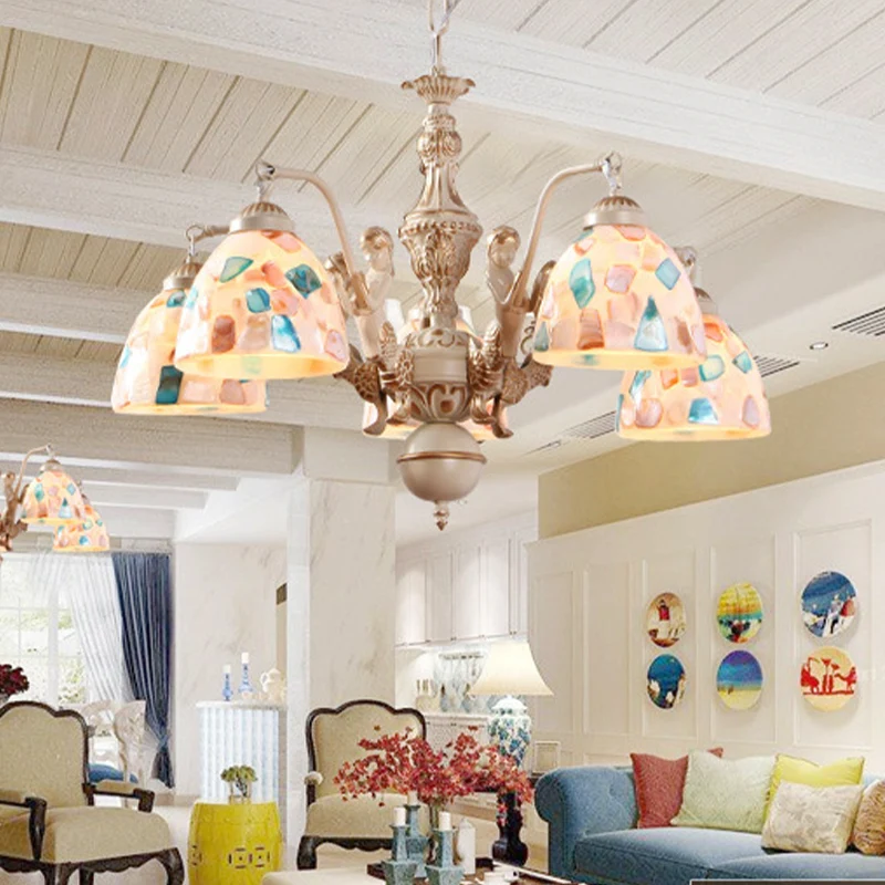 Mosaic Hanging Chandelier Baroque Style Shell 5/9/11 Lights Ivoor Pendant Light Kit Kitchen White