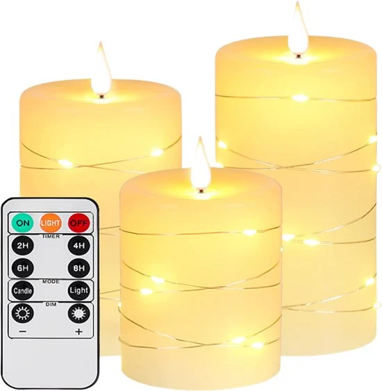 NovaWare LED Kaarsen met Bewegende Vlam - Set van 3 - Kaarsen op batterijen met afstandsbediening – Elektrische Kaarsen -...
