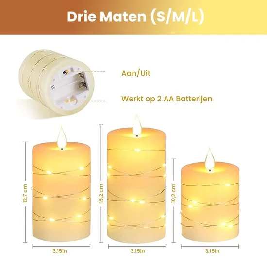 NovaWare LED Kaarsen met Bewegende Vlam - Set van 3 - Kaarsen op batterijen met afstandsbediening – Elektrische Kaarsen -...