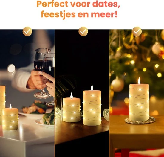 NovaWare LED Kaarsen met Bewegende Vlam - Set van 3 - Kaarsen op batterijen met afstandsbediening – Elektrische Kaarsen -...