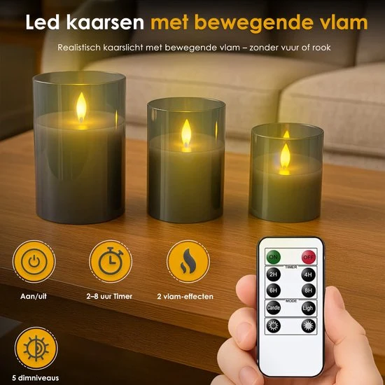 Vesfy LED Kaarsen Set van 3 - Bewegende Vlam met Afstandsbediening - Timer & Dimfunctie - Sfeerkaarsen op Batterijen