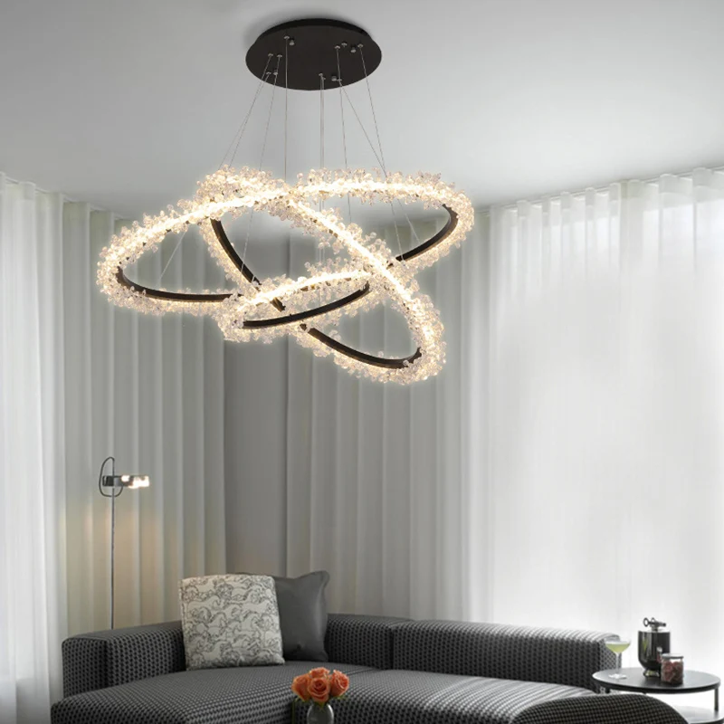 1/2/3-Light Zwart Ring Pendant Chandelier Modern Crystal Accent LED Pendant Light Fixture White/Warm Light Living Room Black