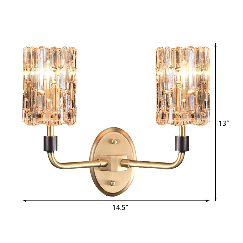 1/2-Head Bedside Wall Sconce Contemporary Style Messing Wall Lighting Cylinder Clear Crystal Shade Brass