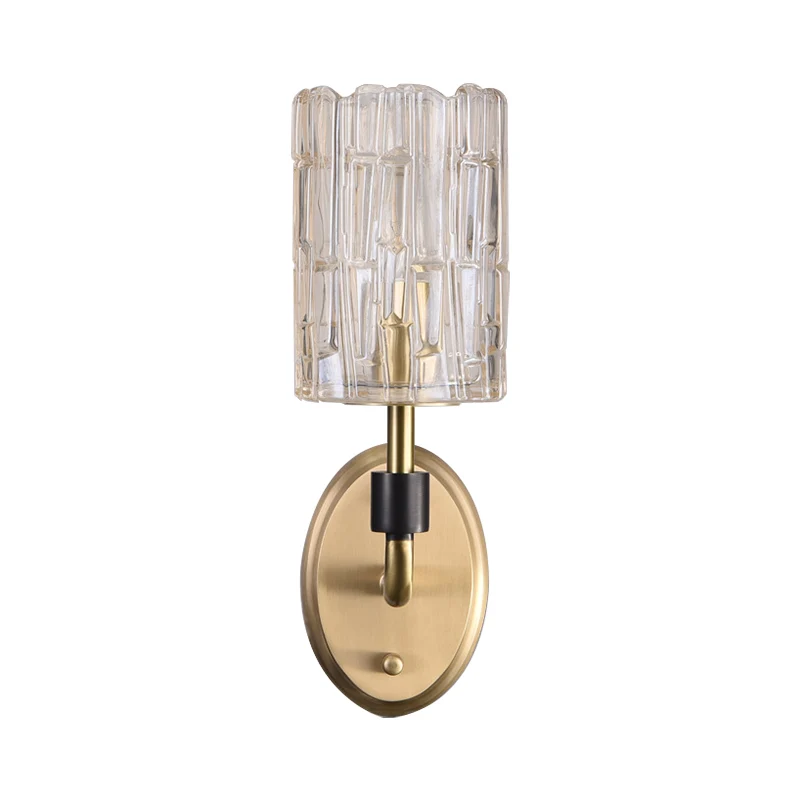 1/2-Head Bedside Wall Sconce Contemporary Style Messing Wall Lighting Cylinder Clear Crystal Shade Brass