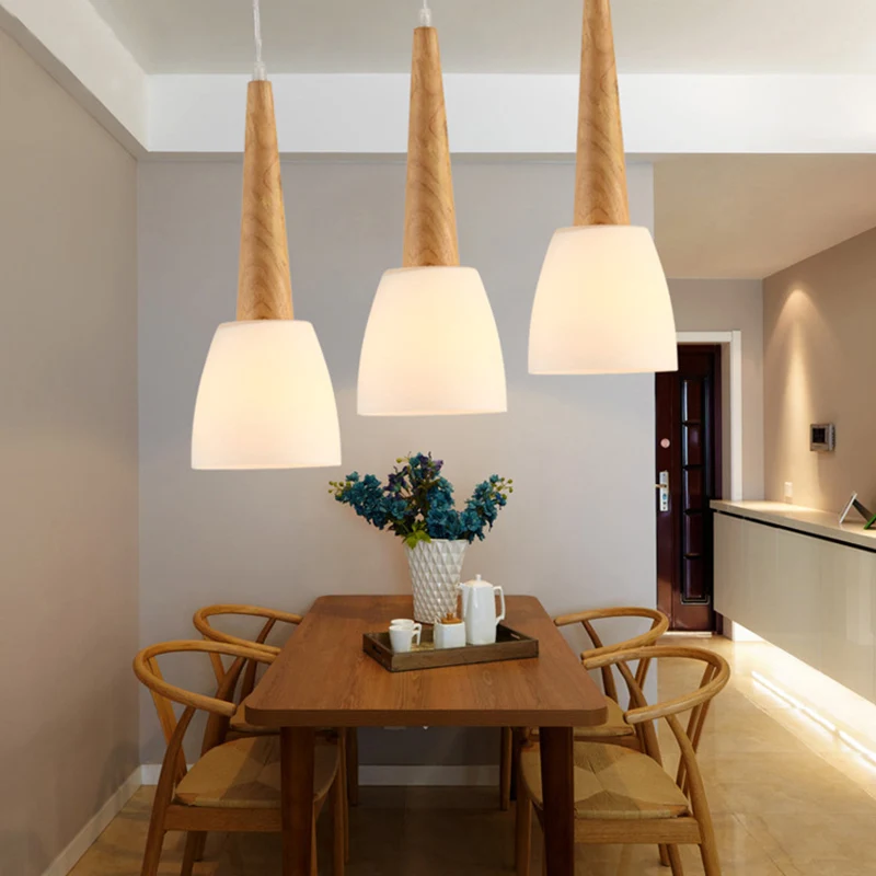 1/3-Light Kitchen Dinette Cluster Pendant Nordic Wood Hanging Light Bell Milk Glaswerk Shade and Handle Wood