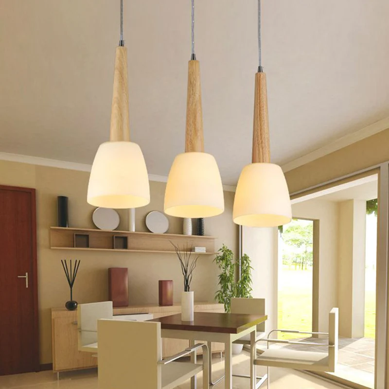 1/3-Light Kitchen Dinette Cluster Pendant Nordic Wood Hanging Light Bell Milk Glaswerk Shade and Handle Wood