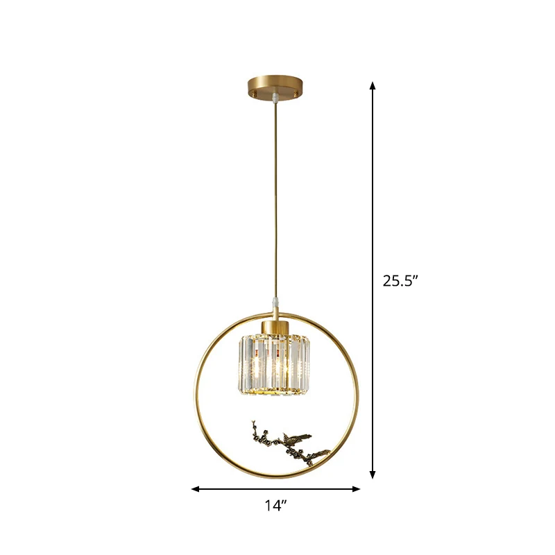1-Light Crystal Cylinder Down Lighting Modern Gouden Circle Dining Room Suspension Pendant Decorative Bird/Dragonfly Gold
