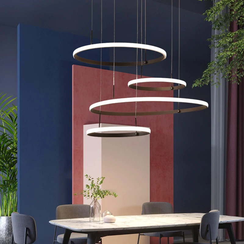 4-Head Living Room LED Chandelier Minimalistisch Black/Coffee Outer Glow Pendant Lamp Circle Acrylic Shade Coffee