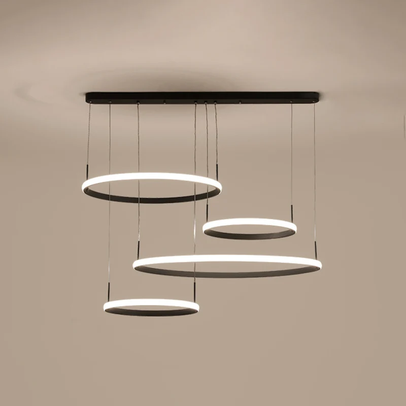 4-Head Living Room LED Chandelier Sober Black/Coffee Outer Glow Pendant Lamp Circle Acrylic Shade Coffee