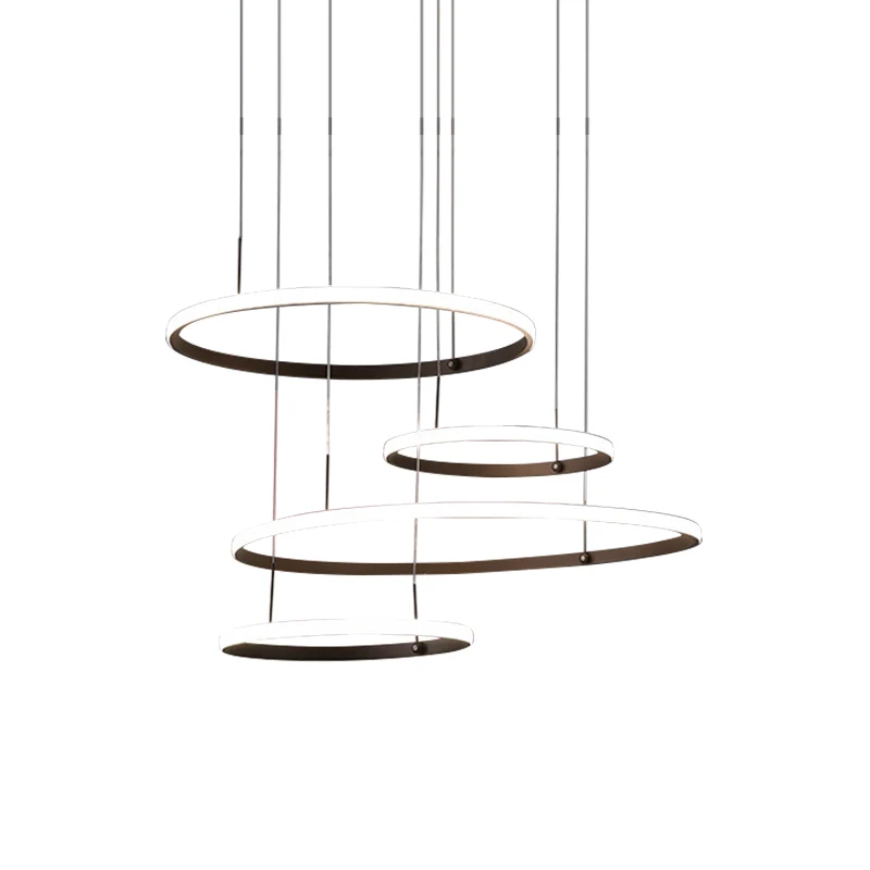 4-Head Living Room LED Chandelier Sober Black/Coffee Outer Glow Pendant Lamp Circle Acrylic Shade Coffee