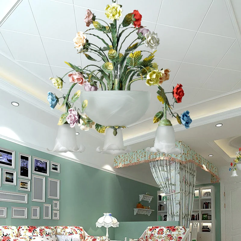 Aardewerk Potted Flower Chandelier Pastoral Living Room Suspension Light Bowl Opal Glass Shade Blue