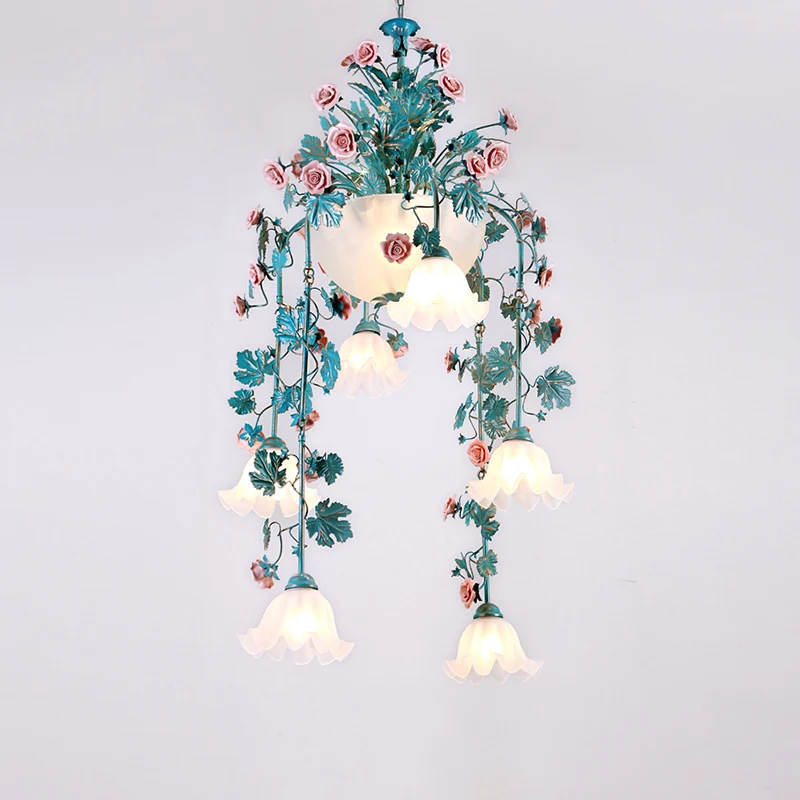 Aardewerk Potted Flower Chandelier Pastoral Living Room Suspension Light Bowl Opal Glass Shade Blue